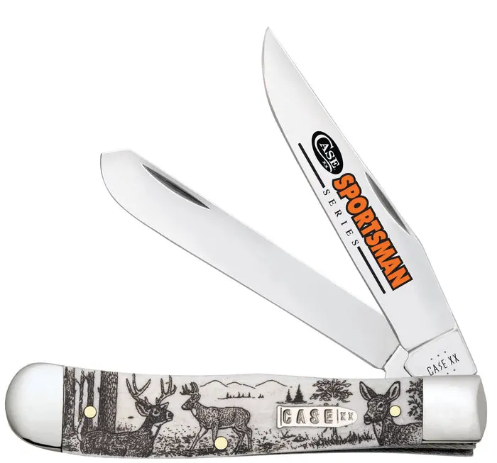 Case Sportsman Series Trapper Knife – Deer-Etched Smooth Natural Bone Handle 1